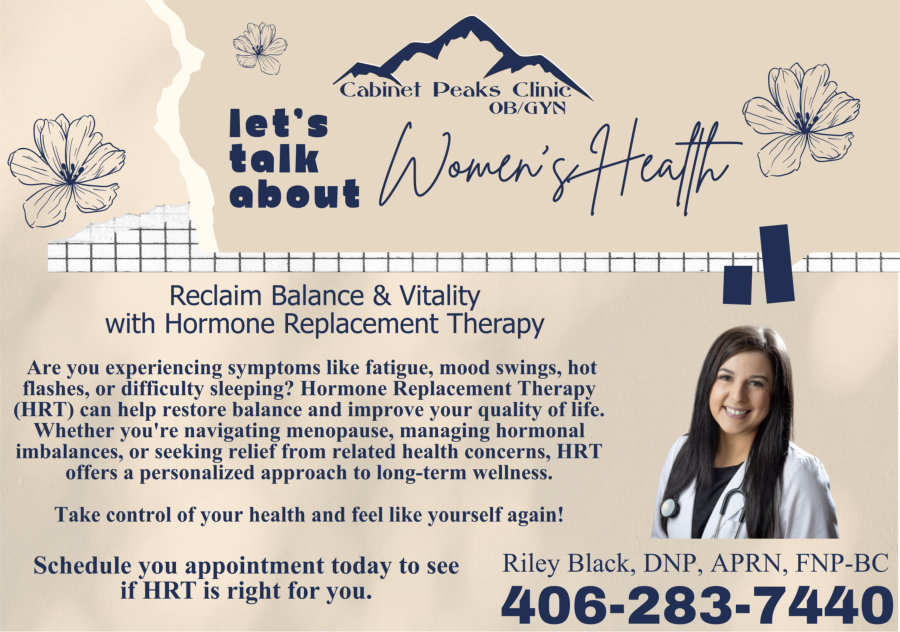 Ad picture of smiling Riley Black. Schedule your appointment today to see if HRT is right for you. 406-283-7440